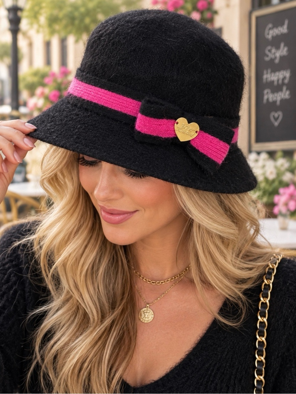Betsey Johnson Black Pink Bow Cloche Bucket Hat Gold Heart One Size